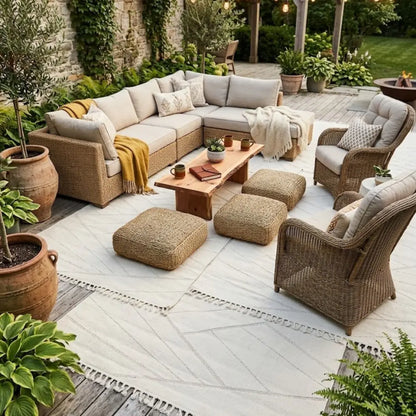 Outdoor patio with RUG ABSTRACT NATURAL WOVEN, featuring subtle geometric patterns, complementing wicker furniture and greenery, perfect for enhancing event spaces with natural elegance.