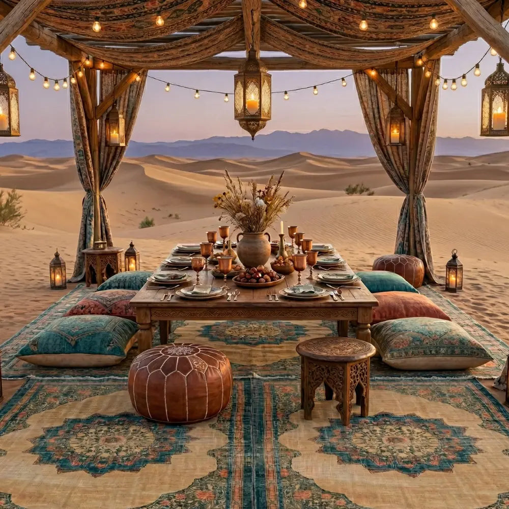 RUG CLASSIC anchors an elegant bohemian dining setup in sand dunes, featuring a wooden table, lanterns, and cushions under a fabric-draped pergola.