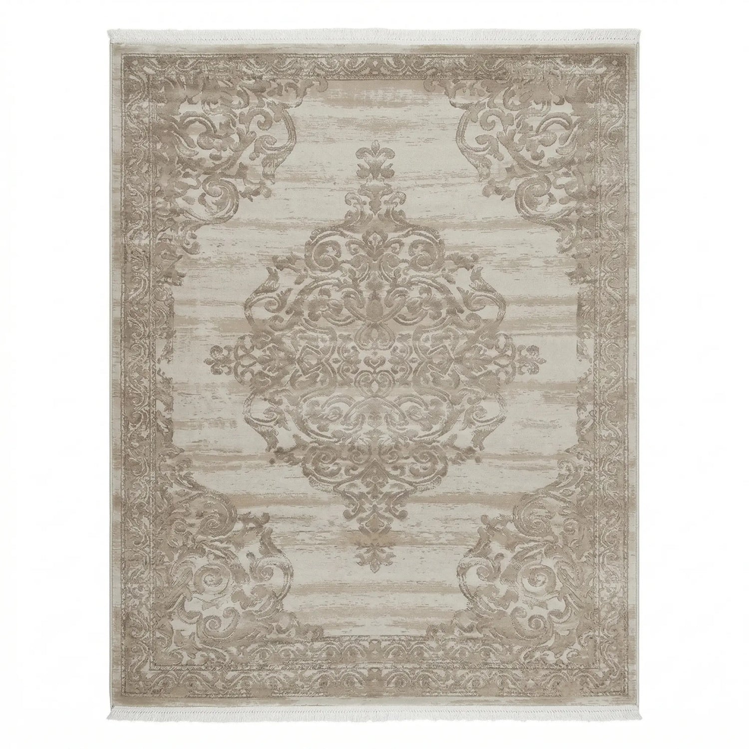 RUG CLASSIC: Ornate beige decorative area rug with scroll-and-medallion pattern and fringed edges, perfect for enhancing event settings with elegance.
