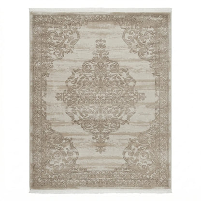 RUG CLASSIC: Ornate beige decorative area rug with scroll-and-medallion pattern and fringed edges, perfect for enhancing event settings with elegance.