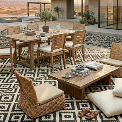 RUG DIAMOND PRINT anchoring an outdoor patio with rustic seating and dining setup, ideal for party events, featuring earthy tones and desert-inspired decor.