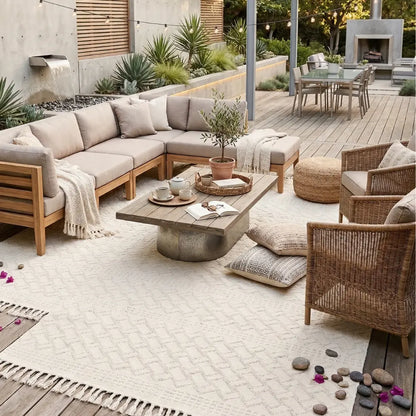 RUG GEOMETRIC NATURAL WOVEN enhances an outdoor living space, placed under a wooden coffee table with sectional seating, adding a modern touch to event design.