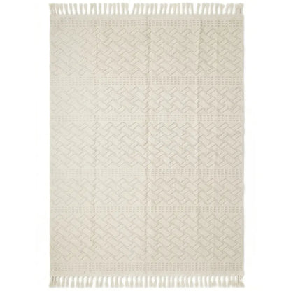 RUG GEOMETRIC NATURAL WOVEN: Cream-colored woven textile with a herringbone pattern and fringe, suitable as a decorative throw or small area rug for events.