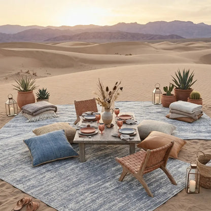 Grey loomed rug in a boho desert setup with rustic tableware, woven chairs, and natural-toned cushions, perfect for elegant event rentals by Party Social.