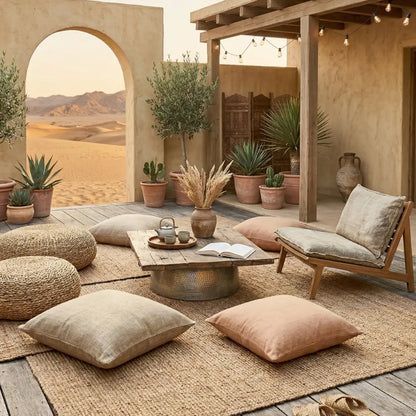 RUG NATURAL JUTE set on a woven mat in a desert-themed lounge, surrounded by floor pillows and poufs, enhancing event settings with its textured elegance.