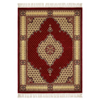 Rug Oriental Red with a deep red field, intricate gold-and-cream medallion, diamond motifs, and cream fringe, ideal for enriching event settings.
