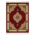 Rug Oriental Red with a deep red field, intricate gold-and-cream medallion, diamond motifs, and cream fringe, ideal for enriching event settings.