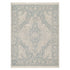 RUG VINTAGE PATTERN: Rectangular rug with a faded medallion design, neutral tones, light blue motifs, and fringe, ideal for adding elegance to event spaces.