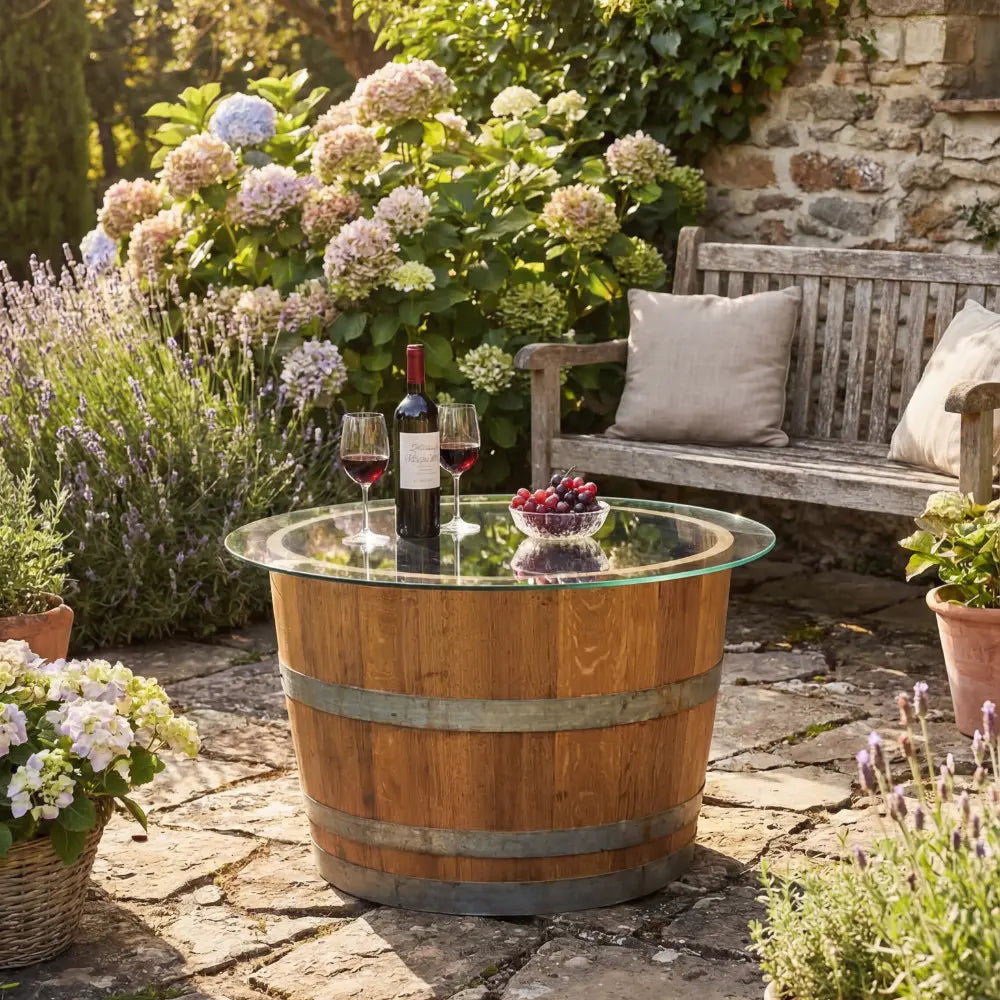 RUSTIC HALF WINE BARREL TABLE with glass top, set in a sunny garden, surrounded by wine, grapes, and lush greenery, ideal for event settings.