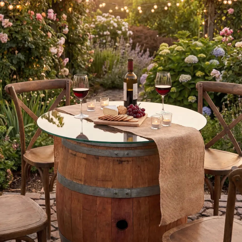 Rustic Wine Barrel Table 225ltr with glass top, set for outdoor dining with wine, cheese, and votives, surrounded by wooden chairs in a garden setting.