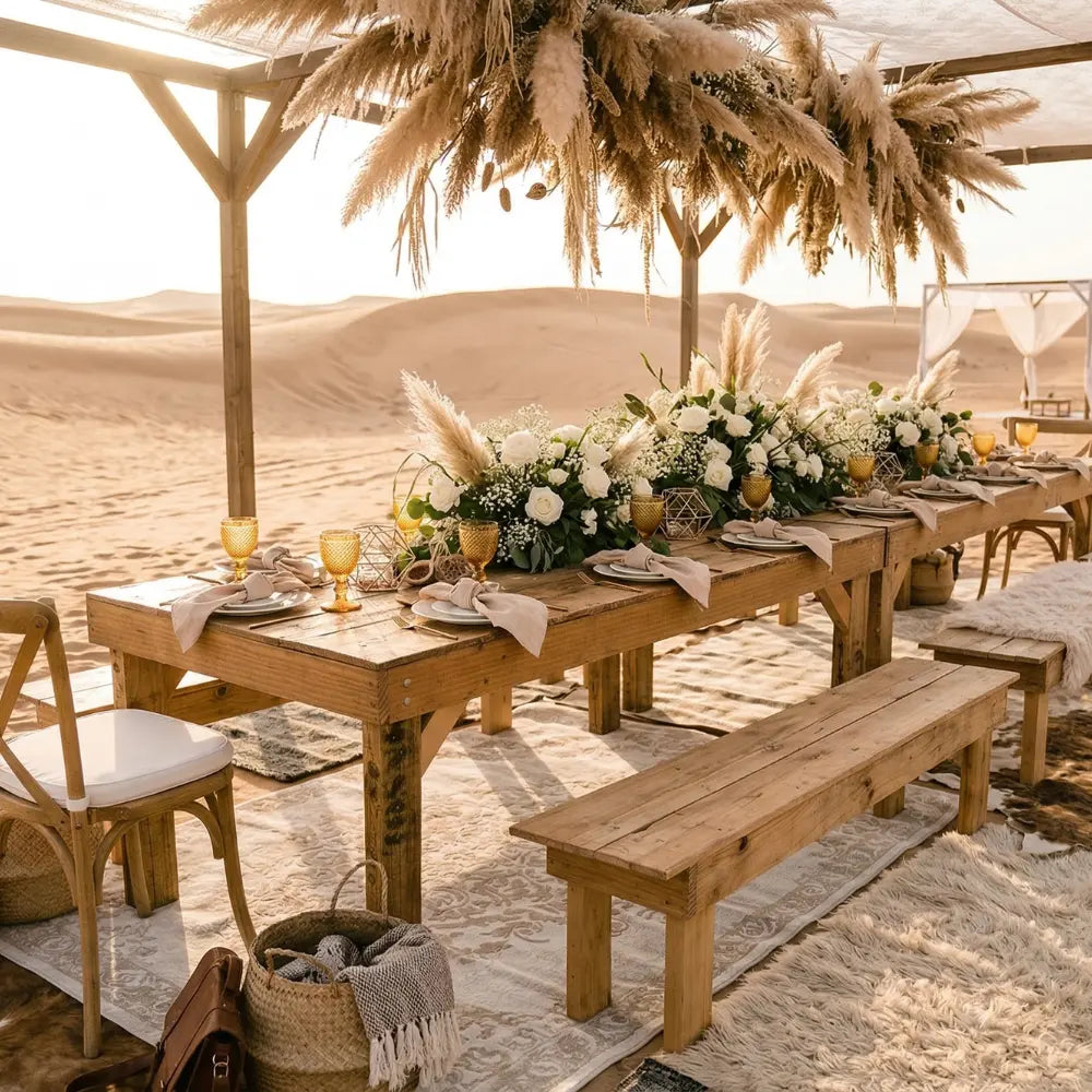Rustic Wooden Bench set in a desert-themed dining setup under a pergola, surrounded by chairs and adorned with elegant table decor and floral arrangements.