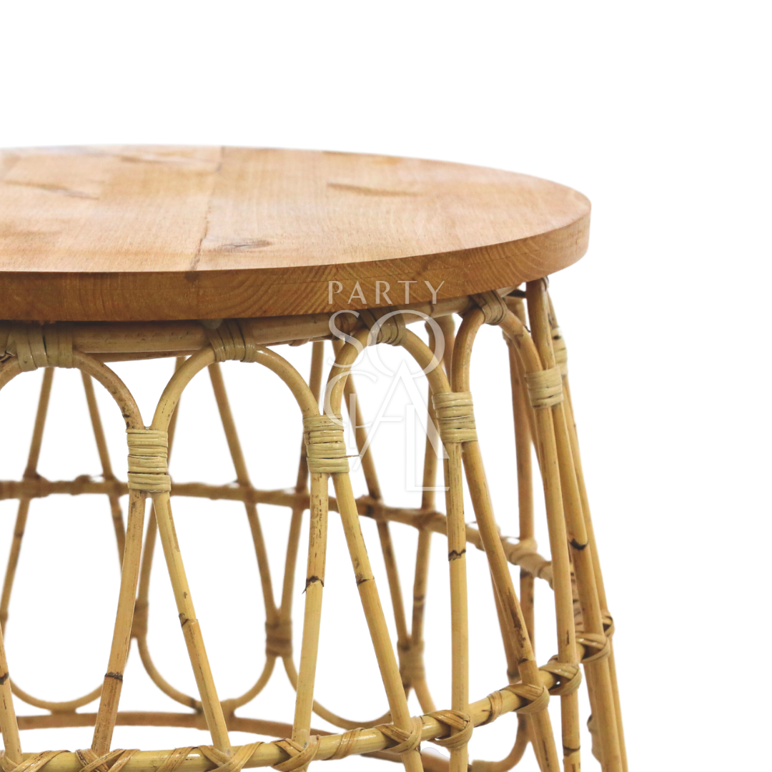 RATTAN COFFEE TABLE, a round, textured piece designed for corporate events and home functions, showcasing close-up details of its woven surface.