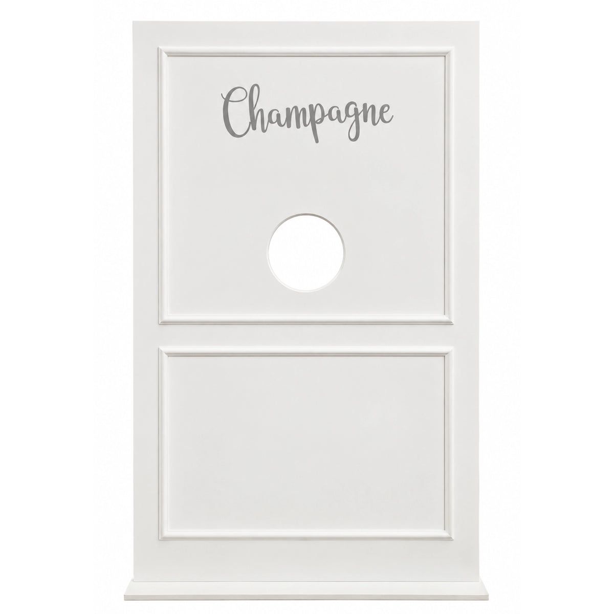 A white wooden vanity door with decorative paneling, featuring the word &