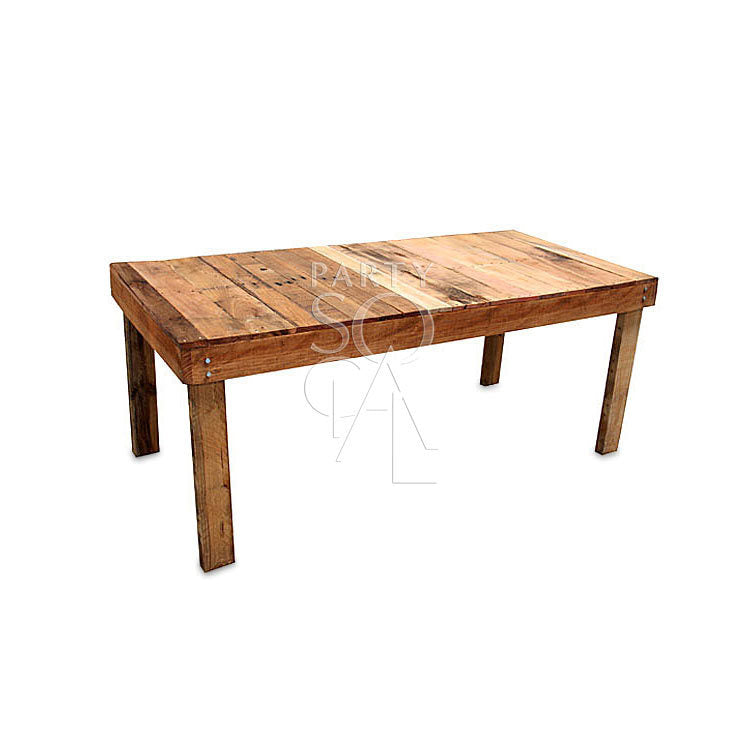 RECYCLED WOODEN DINING TABLE, ideal for 6-8 people, featuring a rustic design with sturdy legs, perfect for weddings and special occasions.