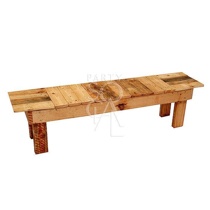 RUSTIC WOODEN BENCH made from recycled wood, perfect for seating 3-4 people at events, showcased against a plain backdrop.