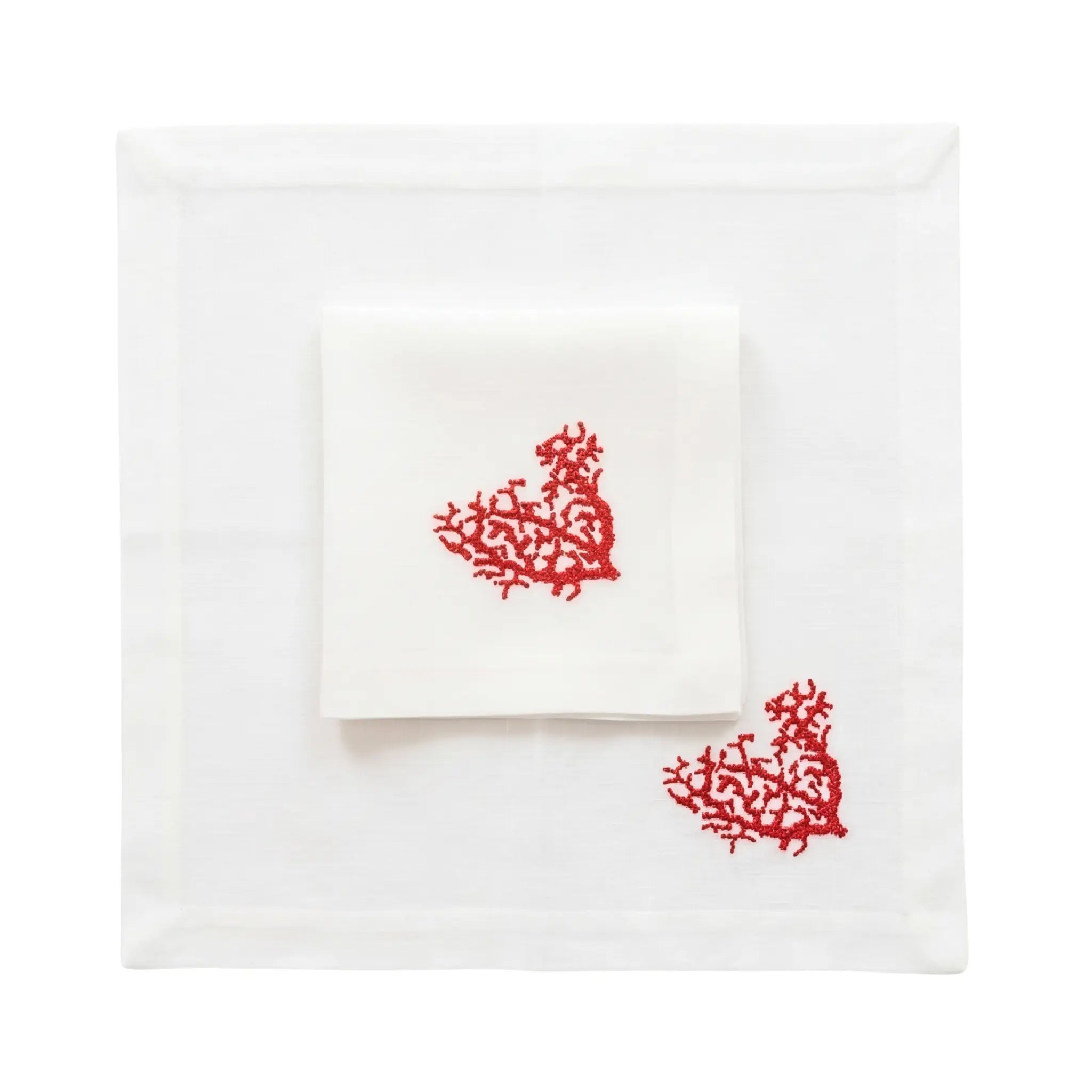 Red Coral Pure Linen Dinner Napkin set, featuring a napkin with a red coral-branch motif on white linen, perfect for enhancing elegant table settings.