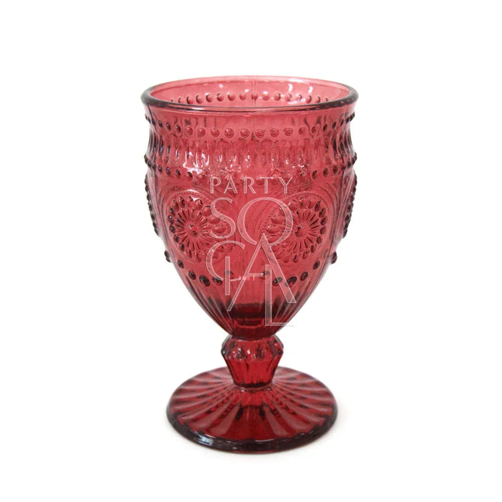 Green Vintage Floral Goblet with hobnail and medallion pattern, featuring a faceted stem, ideal for enhancing modern or casual table settings at events.