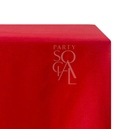 Rectangular Tablecloth Linen Blend, ideal for special occasions, featuring a red design with white text. Perfect for weddings and events, enhancing elegant table settings.