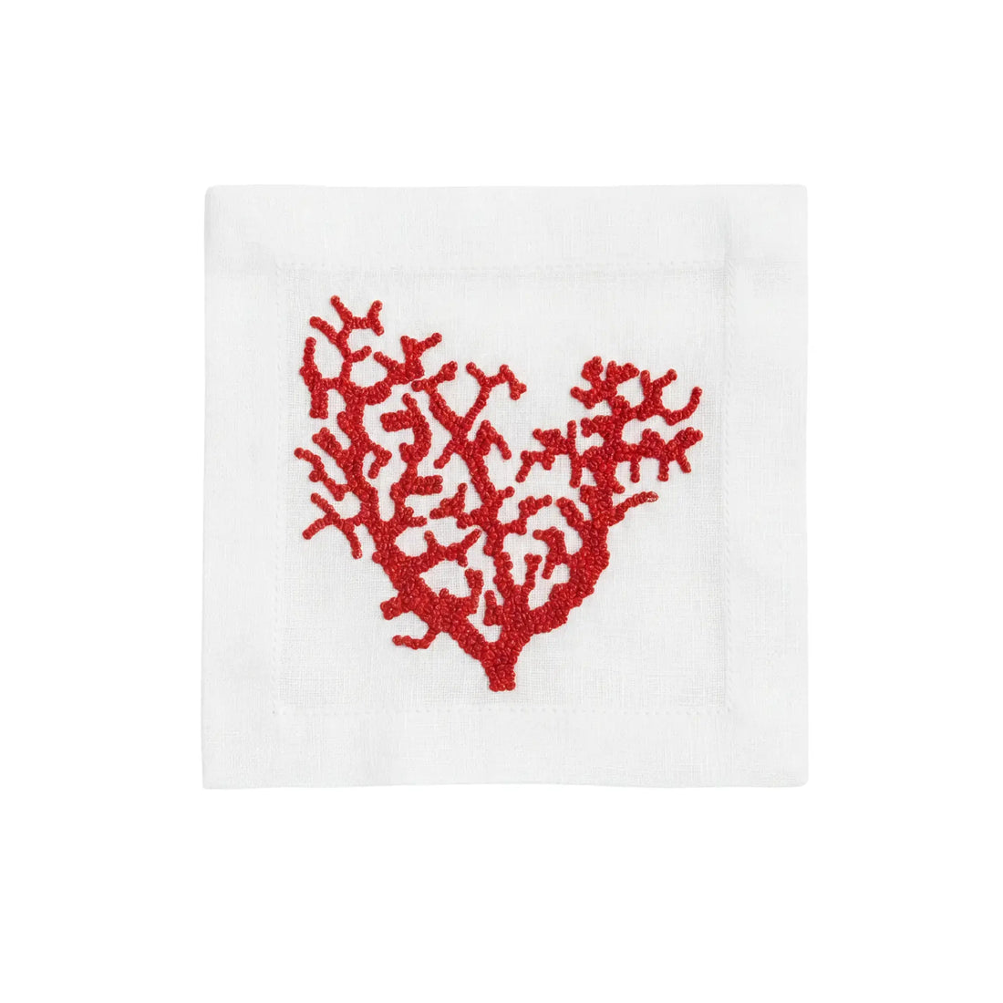 Red Coral Pure Linen Coaster - A white placemat with elegant red embroidery.