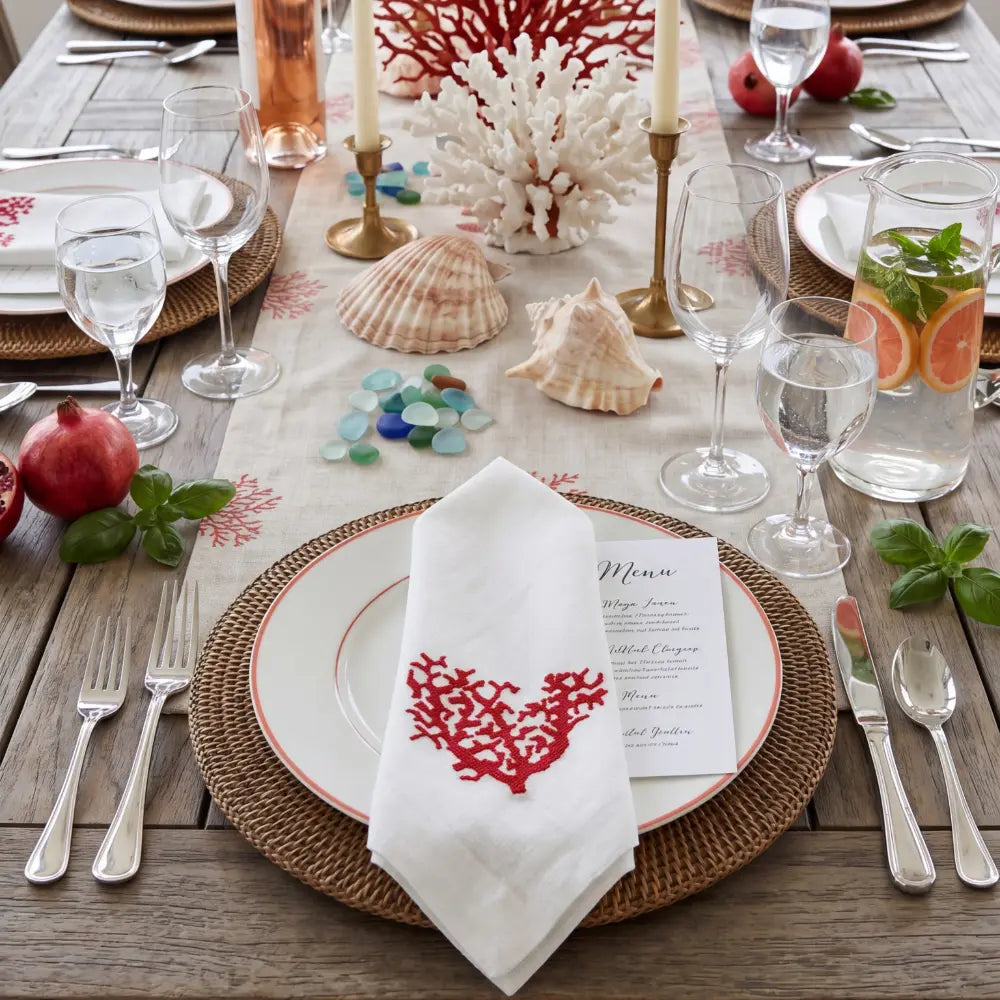Pure linen dinner napkin with red heart embroidery, 2-pack, perfect for elegant table settings and special occasions.
