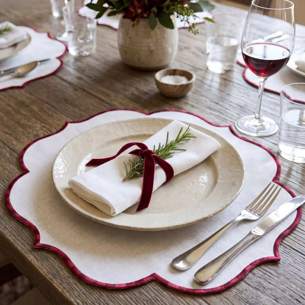 Red Lotus Pure Linen Placemat - Set of 2, featuring a lotus-inspired scalloped shape and deep red trim, ideal for elegant dining and special occasions.