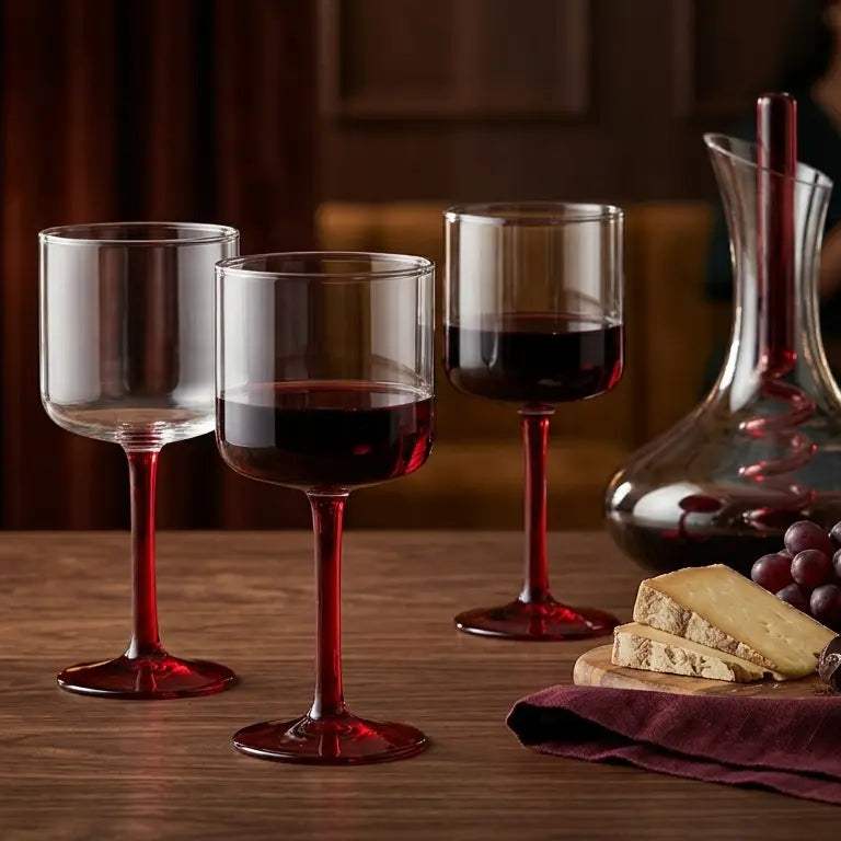 Wine glasses with red wine, a decanter, grapes, and cheese on a wooden table.