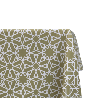 Geometric Linen Tablecloth-1 Each featuring an olive-green fabric with a white tessellated pattern, draped elegantly, ideal for enhancing party or event decor.