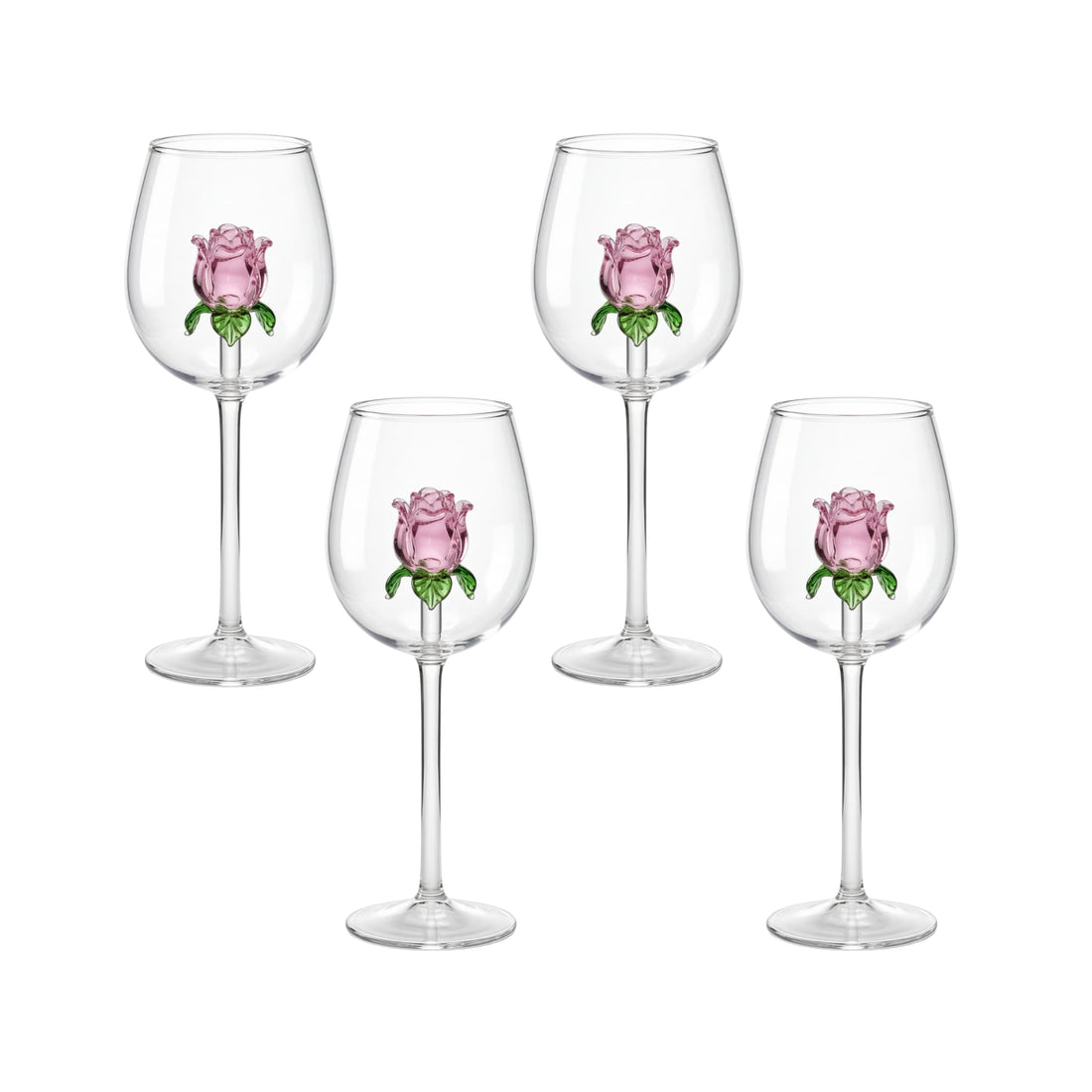 Set of five Rose Charm Glass - Set of 4 wine glasses, featuring built-in pink rosebuds with green leaves inside each clear bowl, arranged on a white background.