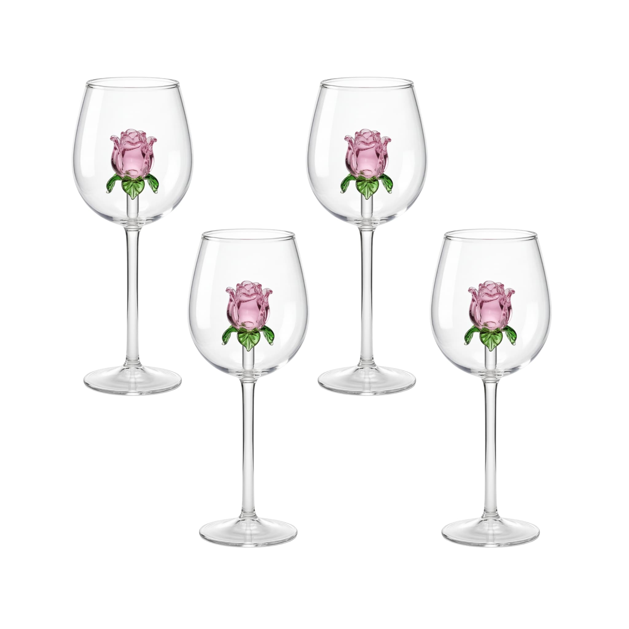 Set of five Rose Charm Glass - Set of 4 wine glasses, featuring built-in pink rosebuds with green leaves inside each clear bowl, arranged on a white background.