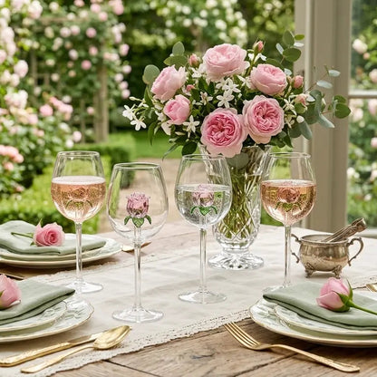 Elegant table setting with pink roses and wine glasses in a garden setting