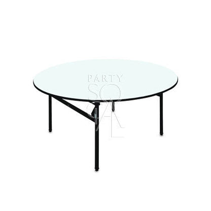 Round Banquet Tables with black legs, ideal for Dubai hotel events, seating 6-8 people comfortably. Perfect for weddings and special occasions from Party Social.