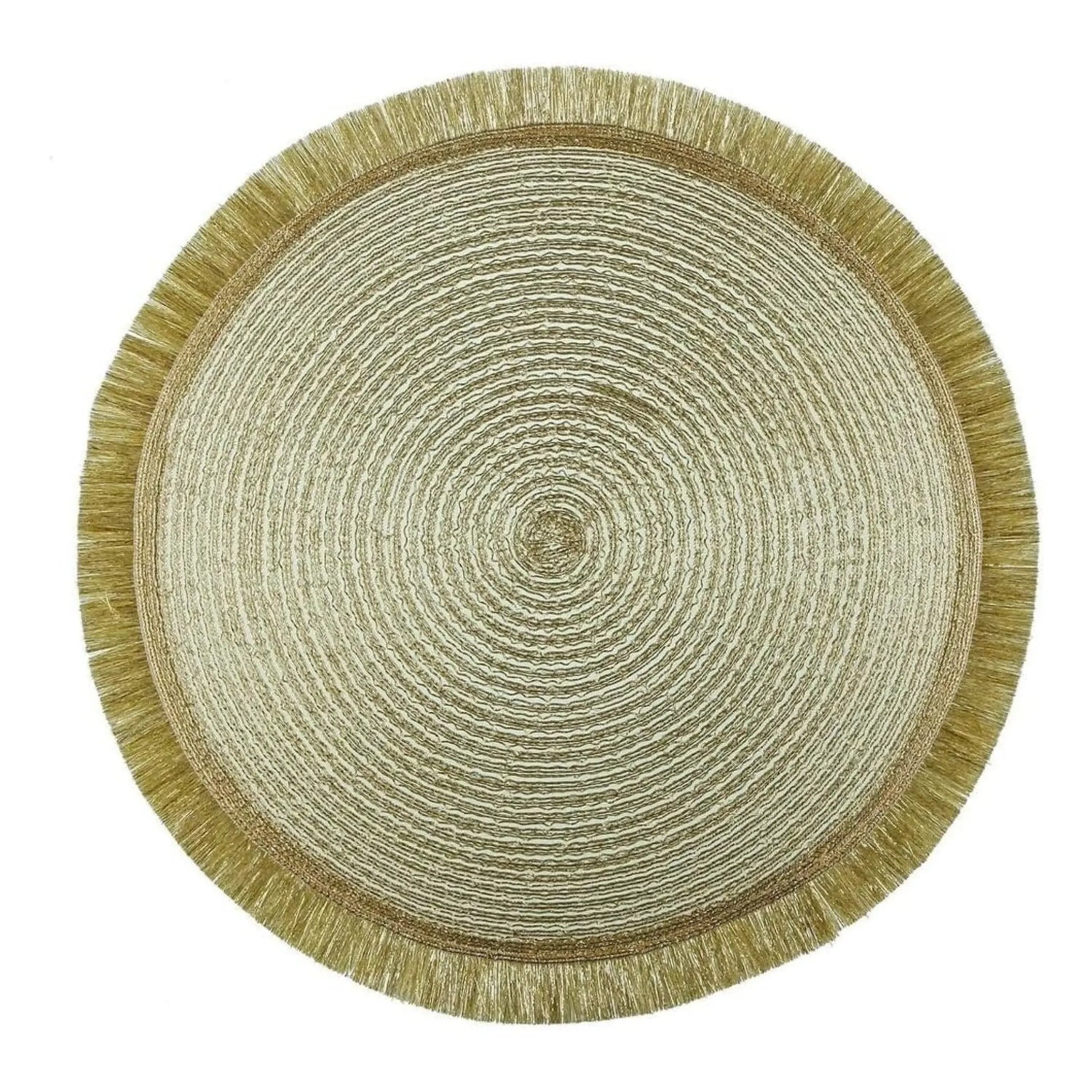 Golden Fringe Round Placemat set of 4 with braided natural-fiber texture and elegant metallic fringe, perfect for enhancing party and event dining settings.