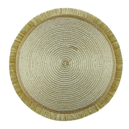 Golden Fringe Round Placemat set of 4 with braided natural-fiber texture and elegant metallic fringe, perfect for enhancing party and event dining settings.