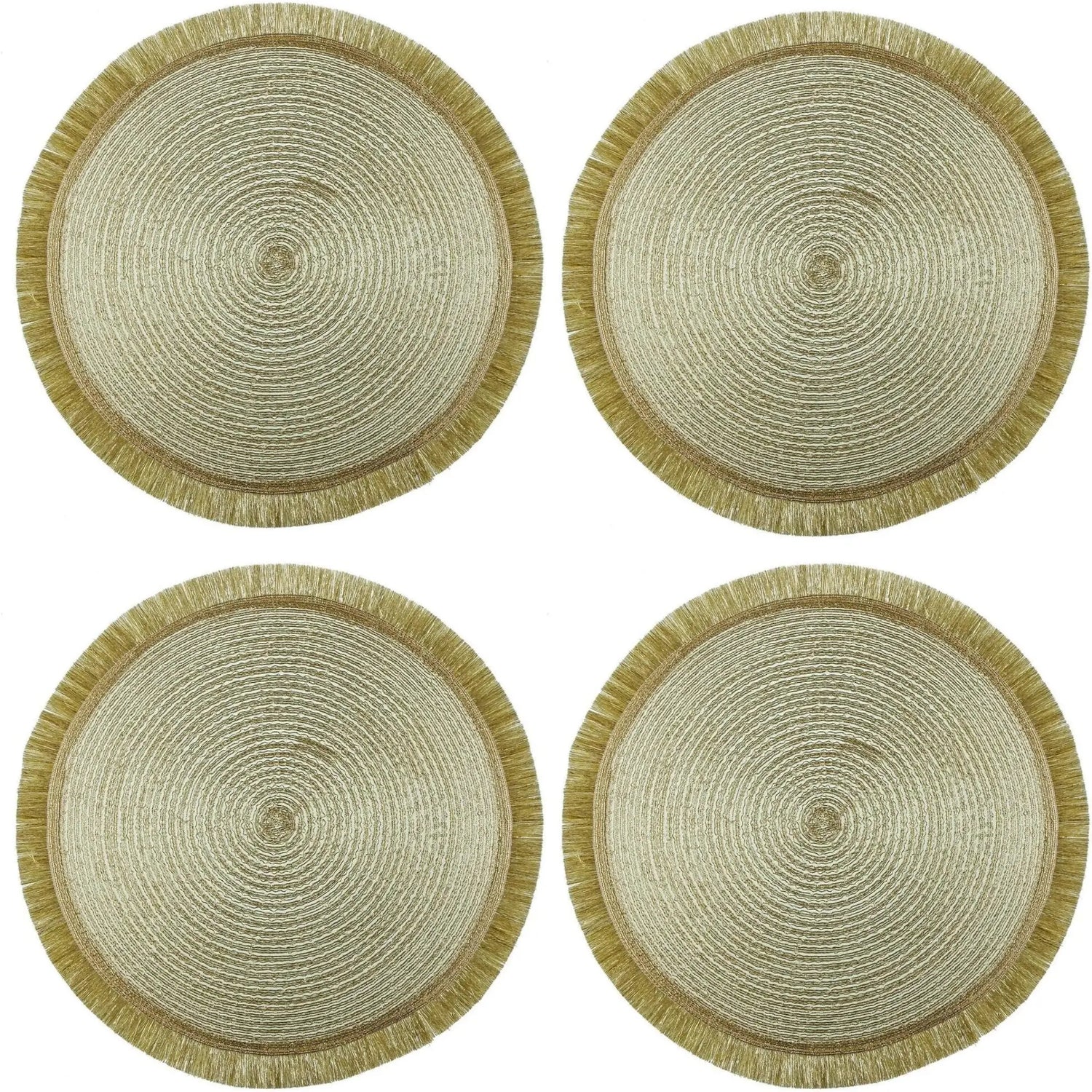 Round Glitz Placemat, 38cm: Set of four woven natural-fiber placemats with fringe, enhancing any table setup with their simple, stylish design.