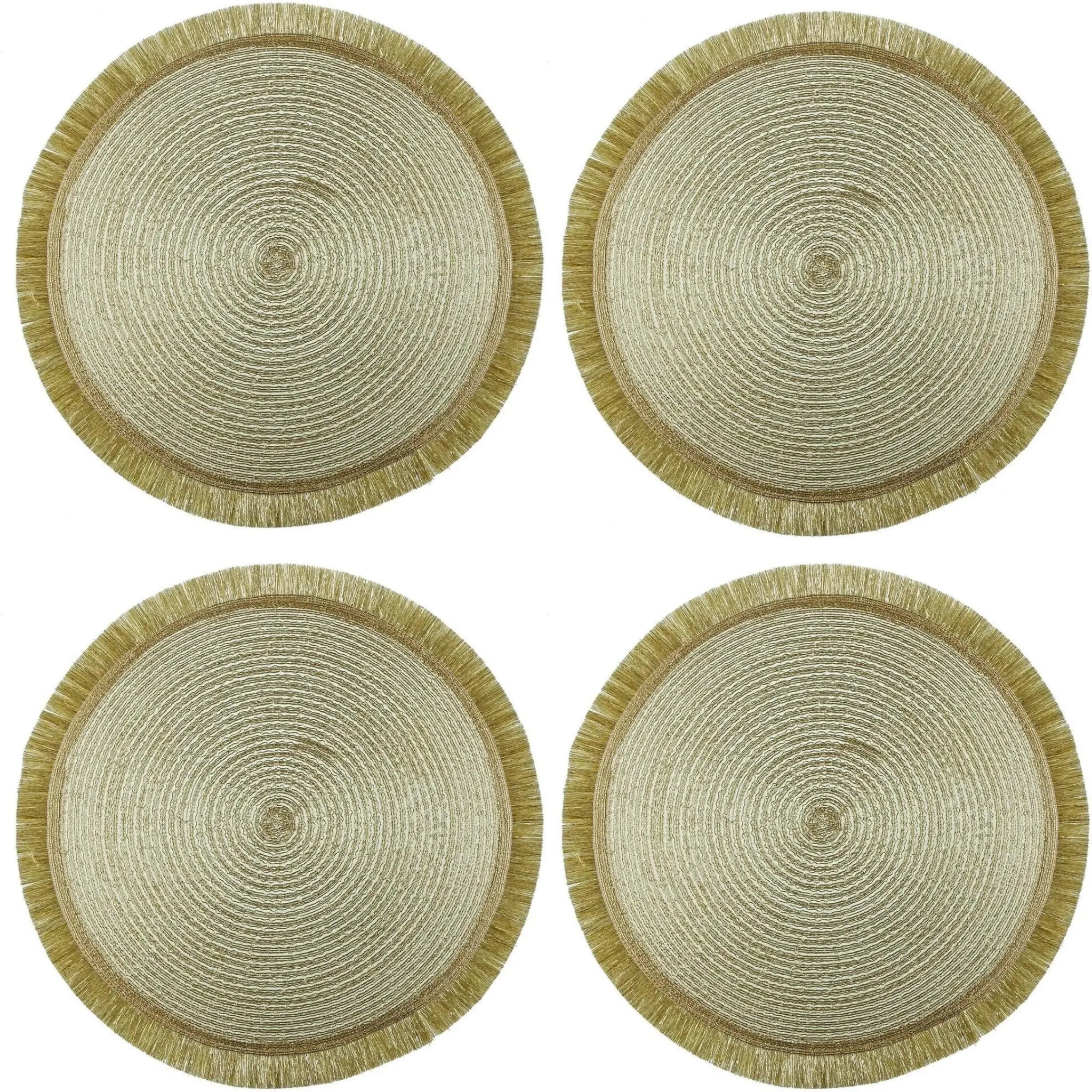 Round Glitz Placemat, 38cm: Set of four woven natural-fiber placemats with fringe, enhancing any table setup with their simple, stylish design.