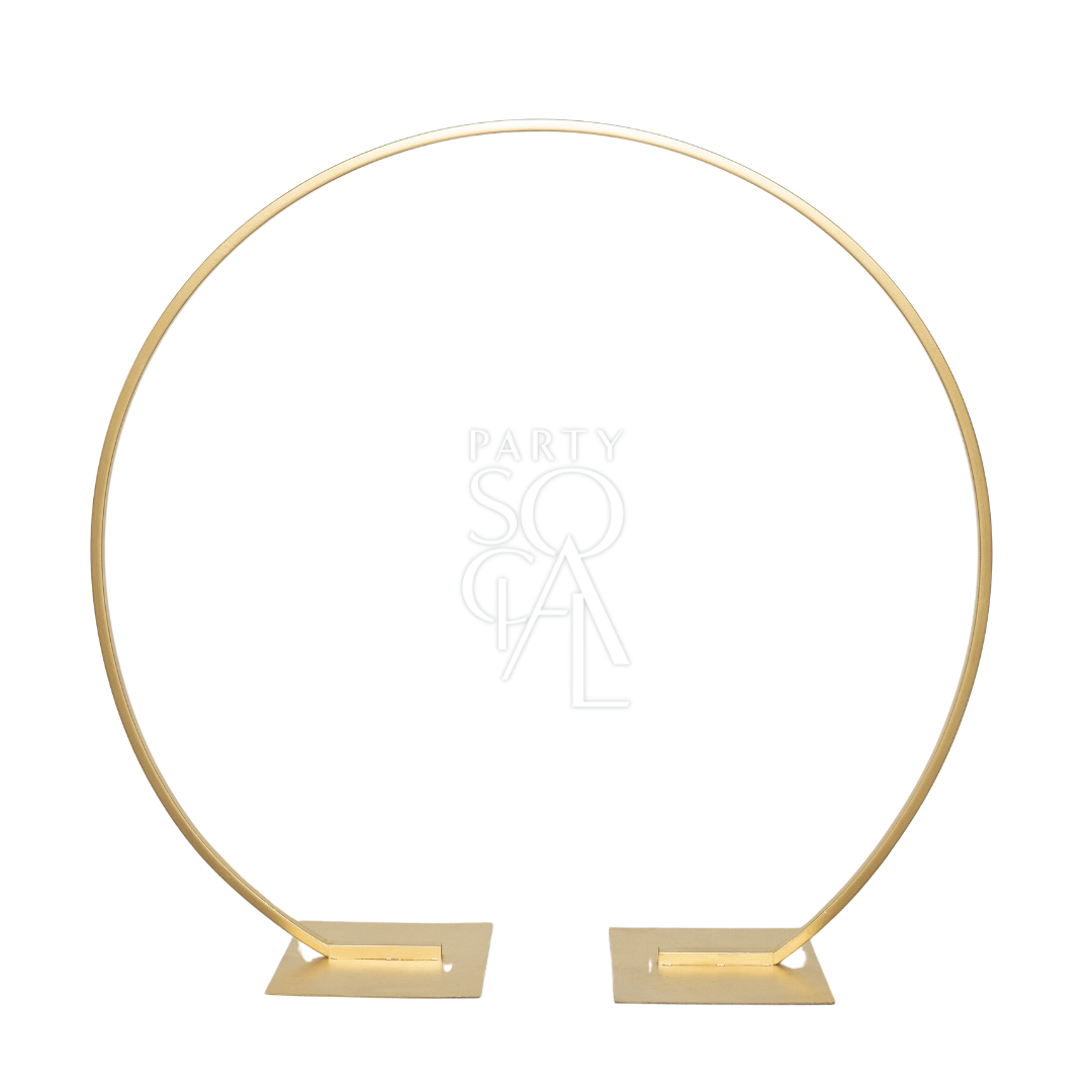 Round Gold Arch with two square feet, ideal for event decor, available in various sizes for rental or purchase from Party Social.