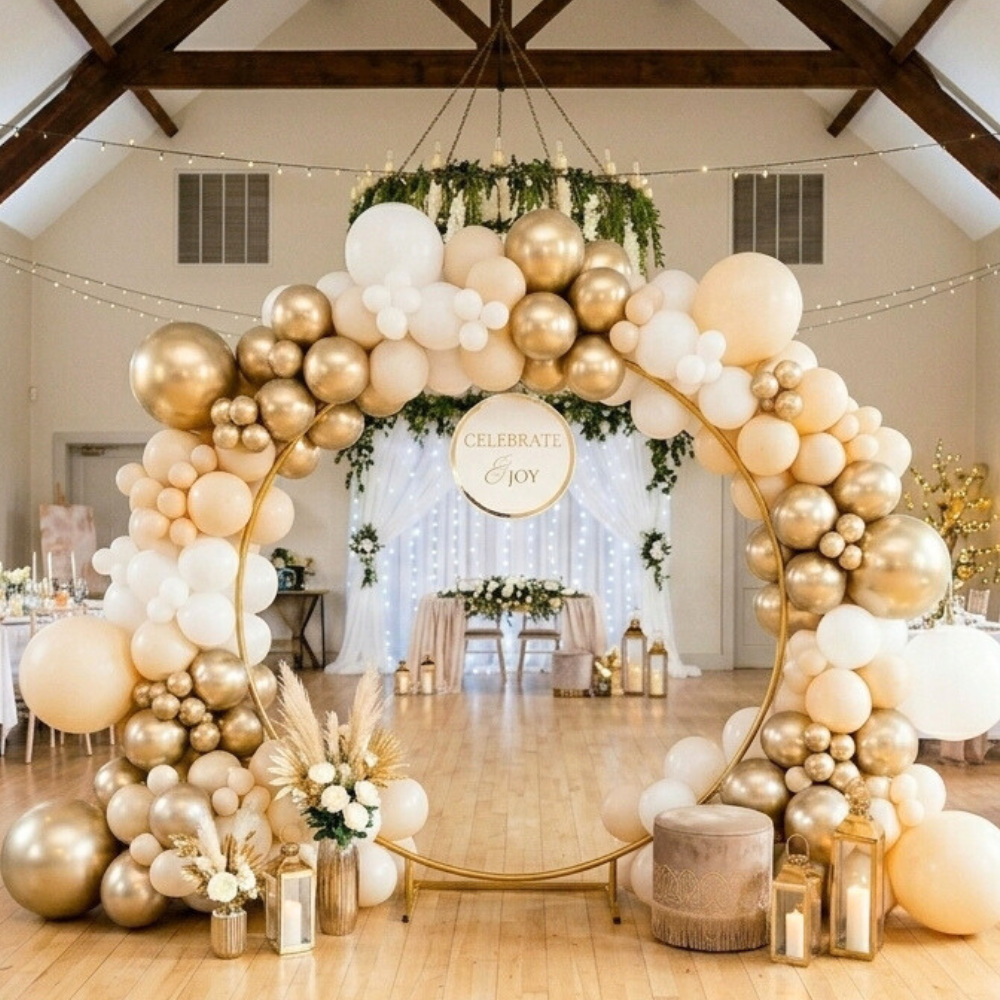 Decorative balloon arch with gold, white, and green balloons for any type of event. 