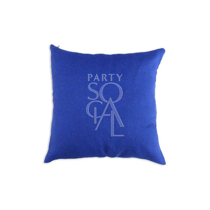 CUSHION COVER LINEN WEAVE: A stylish blue pillow with a logo, crafted from premium linen weave fabric, perfect for enhancing party or event decor.