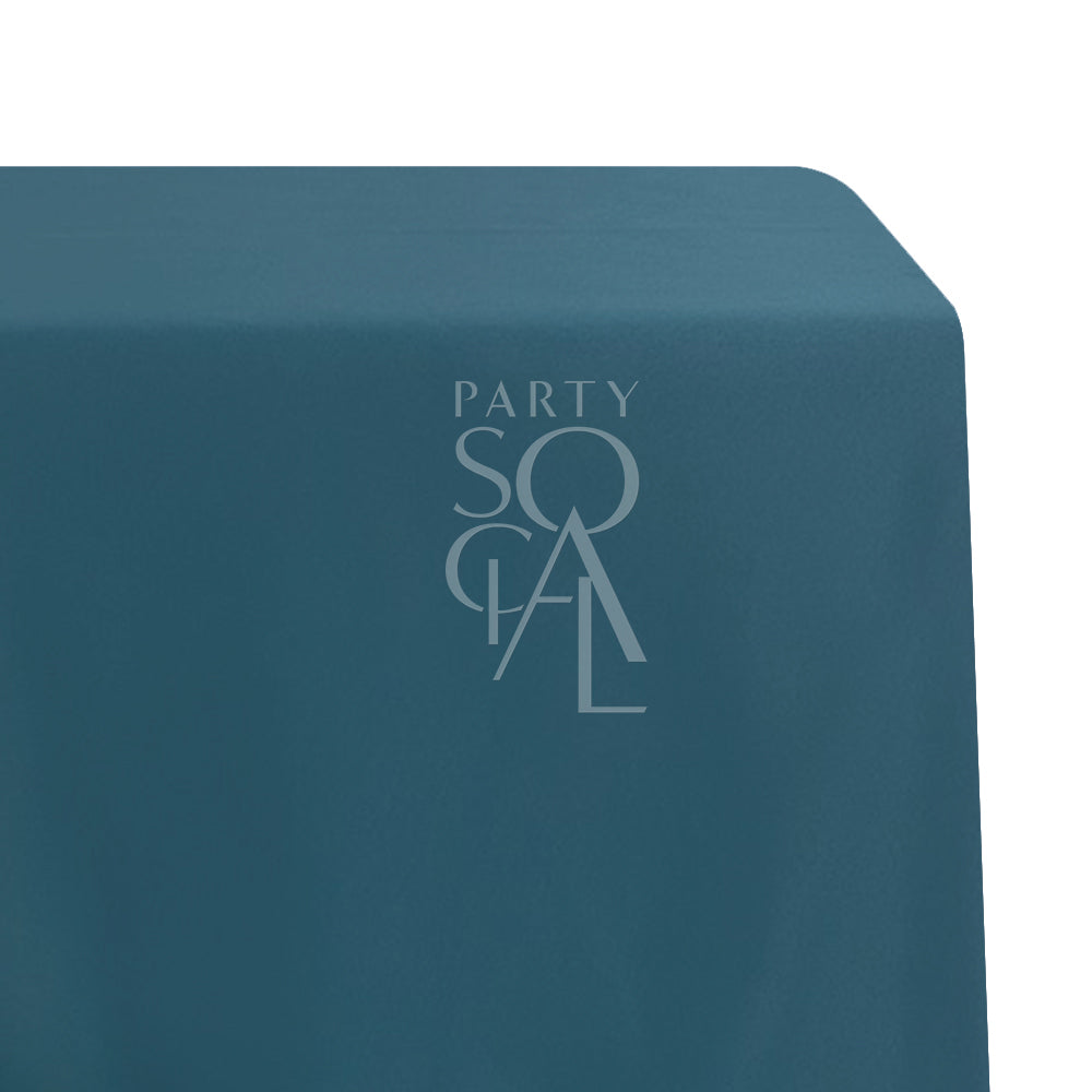 Rectangular Tablecloth Satin featuring a blue design with a logo, ideal for enhancing decor at special events and occasions.