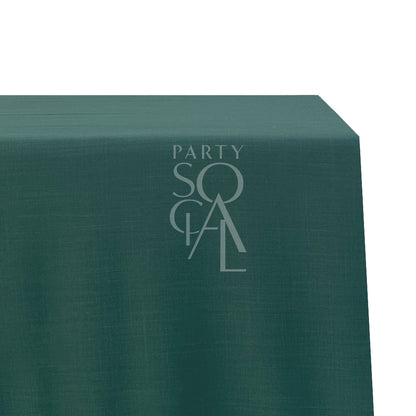 Rectangular cotton linen tablecloth featuring a subtle logo, ideal for enhancing any special occasion setting.