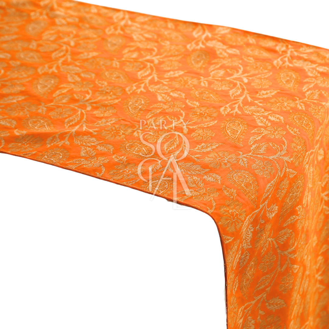 Brocade Table Runner with orange and gold paisley pattern, ideal for elegant event tabletops.