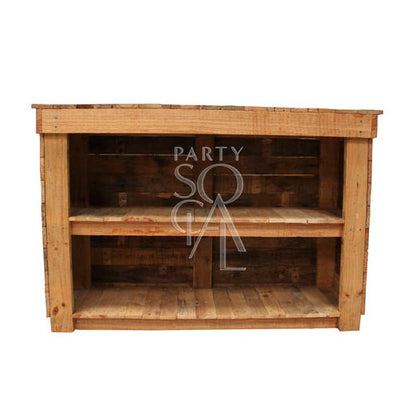 Rustic Bar Unit with wooden shelves, ideal for garden or home setup, complements rustic tables and benches collection. Dimensions: 150cm L x 50cm W x 100cm H.