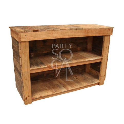 Rustic Bar Unit with wooden shelves, suitable for garden or home setup, part of Party Social&