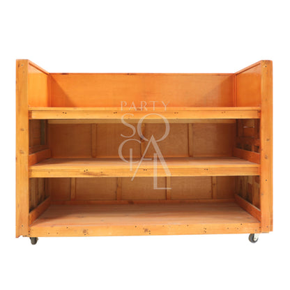 Rustic DJ booth on wheels, ideal for garden or home events, complements rustic tables and benches collection. Dimensions: 180cm L x 70cm W x 120cm H.