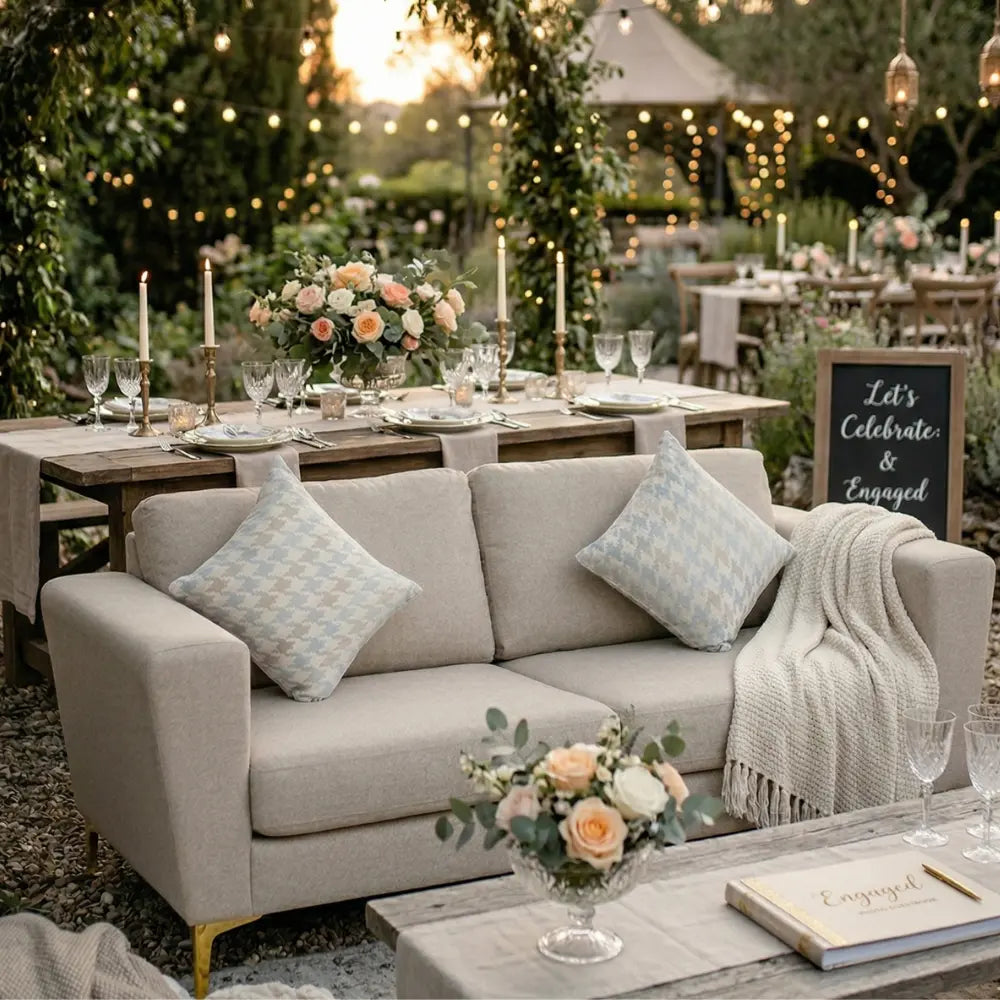 SAND FABRIC SOFA 2-SEATER in a romantic outdoor setup with throw pillows, knit blanket, and nearby dining table with elegant settings.