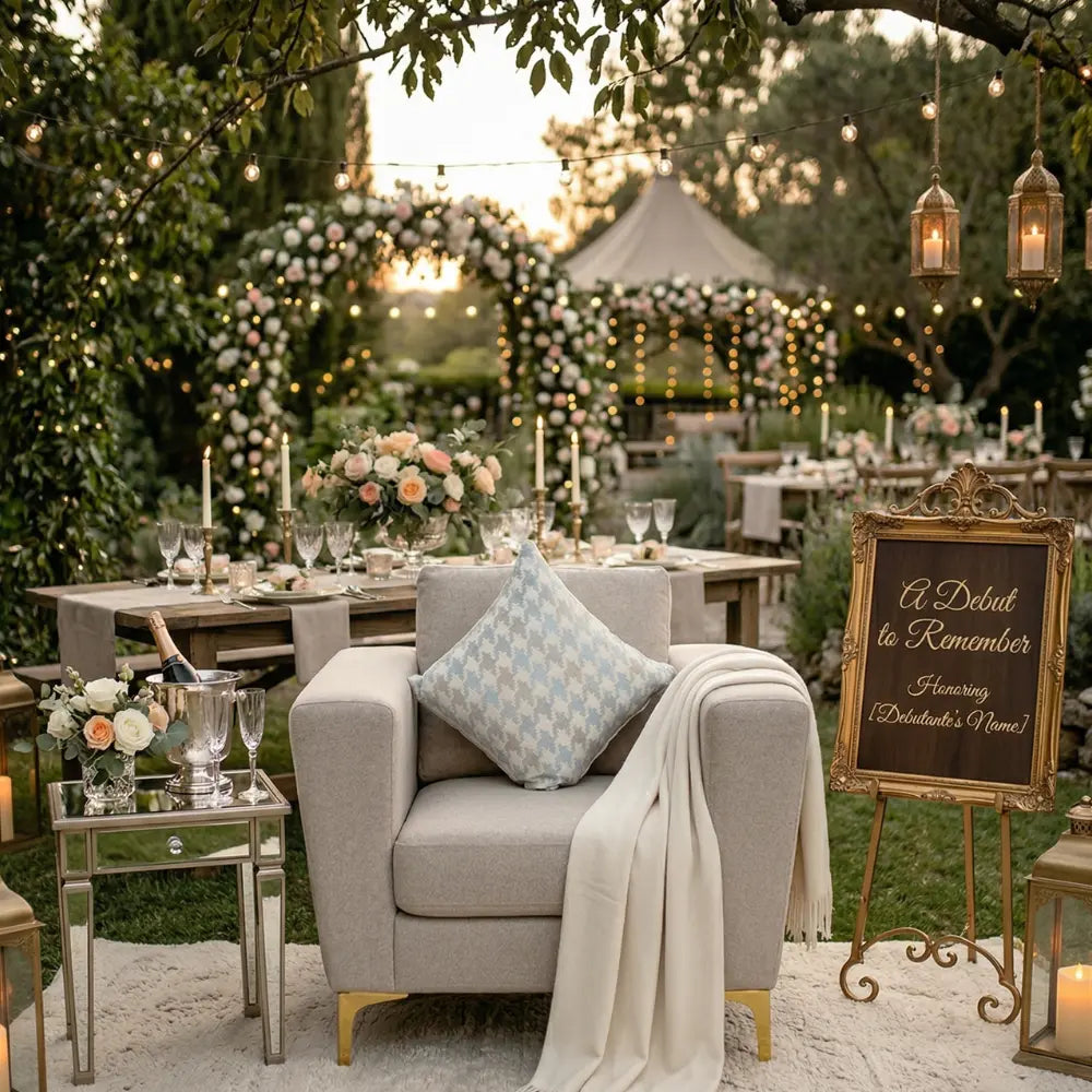 SAND FABRIC SOFA SINGLE SEATER with throw and cushion in elegant garden-style celebration setup, featuring floral centerpieces and twinkling lights, ideal for chic events.