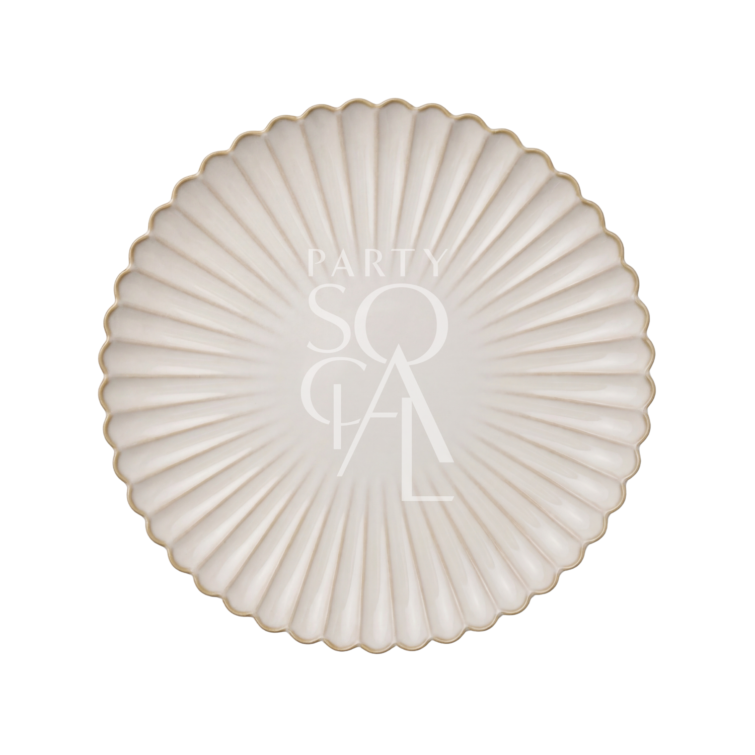SCALLOPED LIKE PLATES: Ivory-cream round charger with scalloped edges and gold trim, featuring fluted texture and central PARTY SOCIAL text, ideal for elegant event dining.