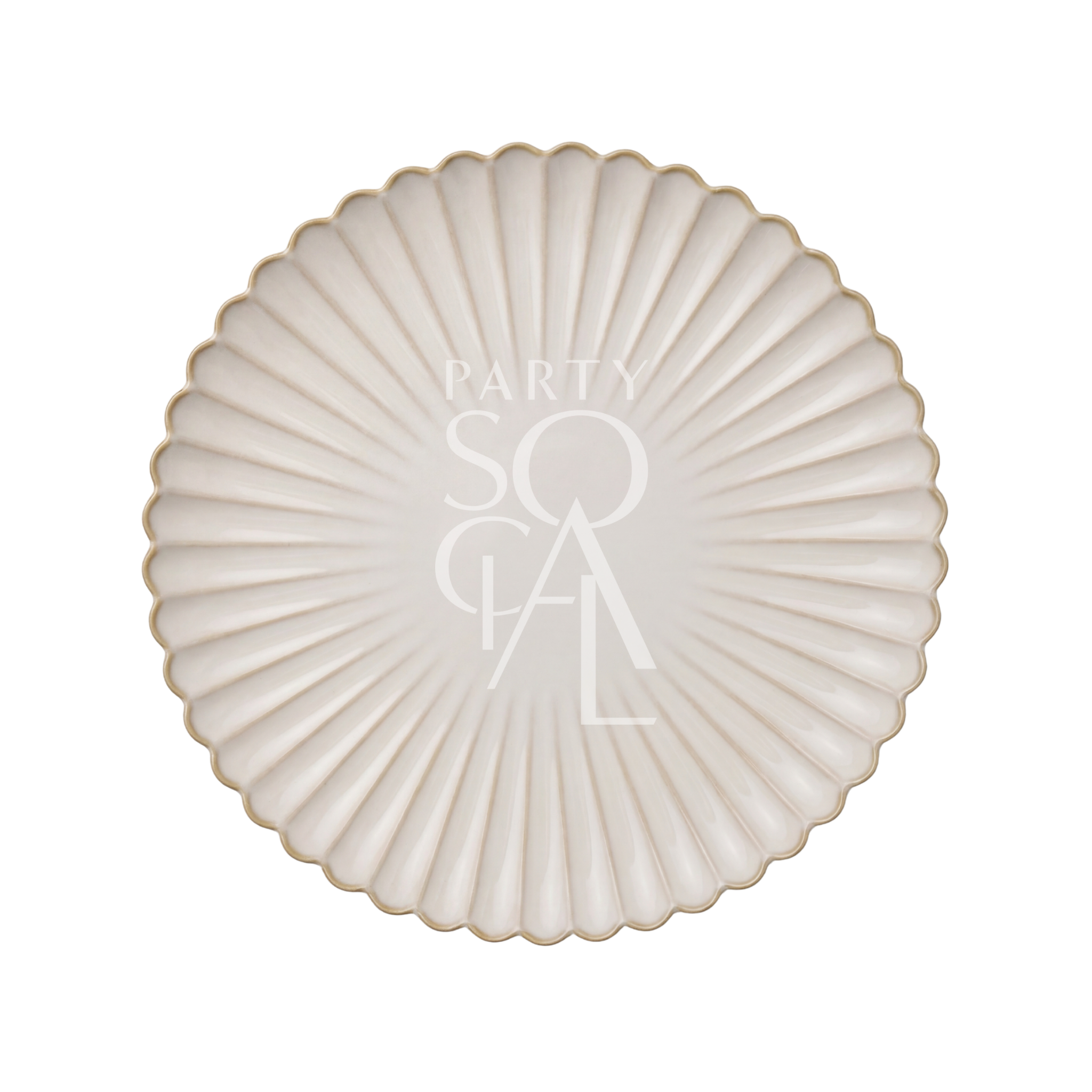 SCALLOPED LIKE PLATES: Ivory-cream round charger with scalloped edges and gold trim, featuring fluted texture and central PARTY SOCIAL text, ideal for elegant event dining.