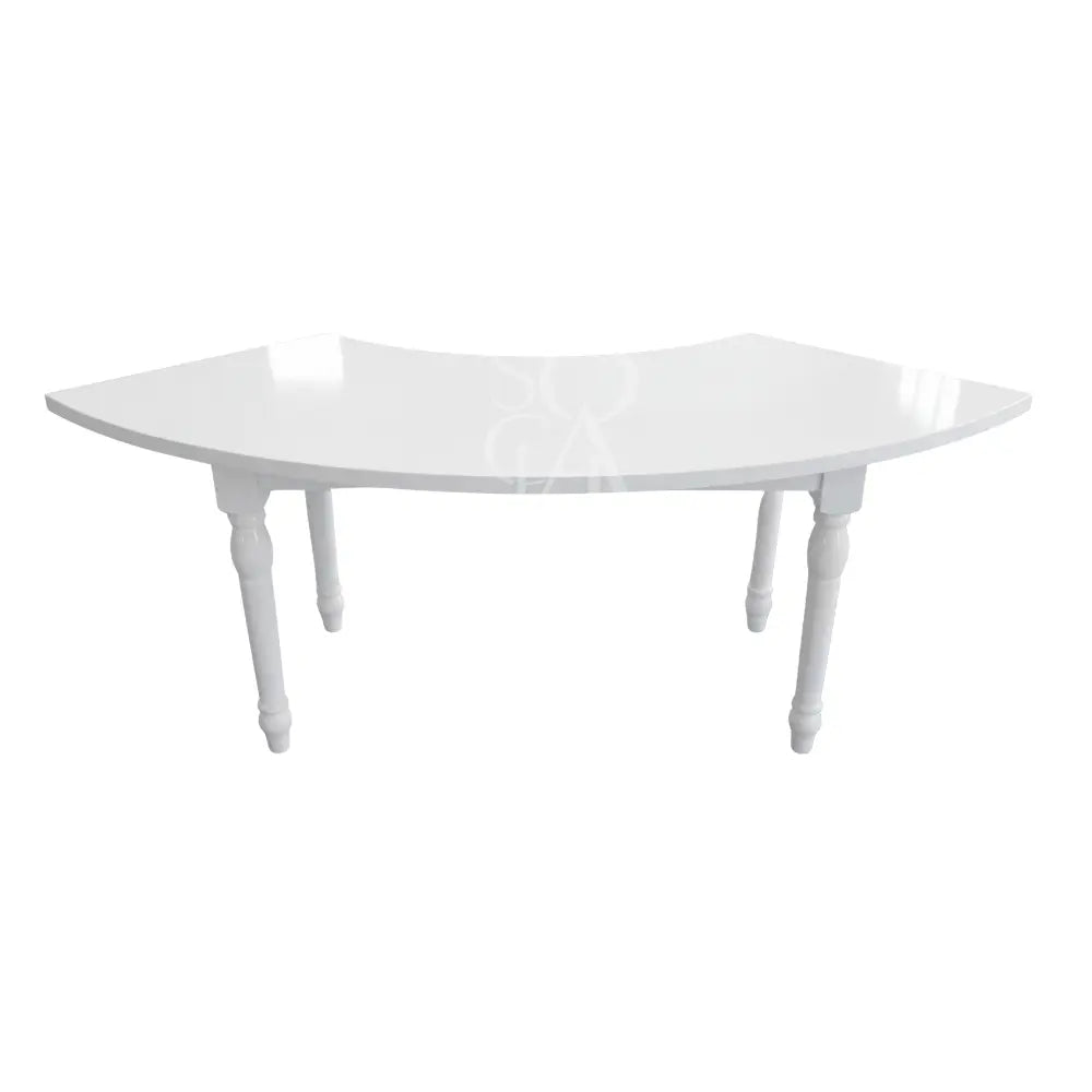 White Crescent Dining Table with a curved top and turned legs, ideal for weddings or events, embodying vintage charm and elegance.