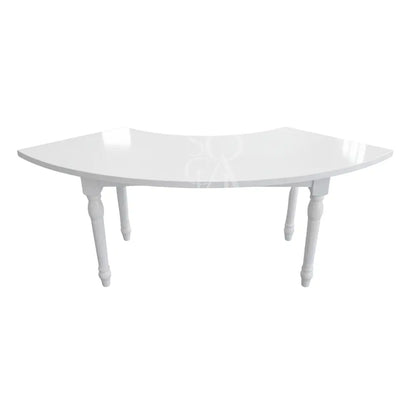White Crescent Dining Table with a curved top and turned legs, ideal for weddings or events, embodying vintage charm and elegance.